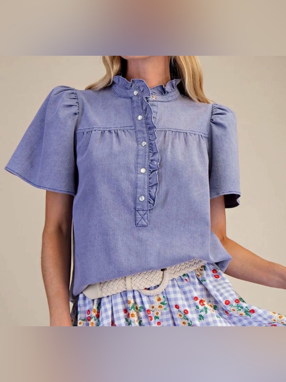 NWT Denim Ruffle Front Puff Sleeve Blouse